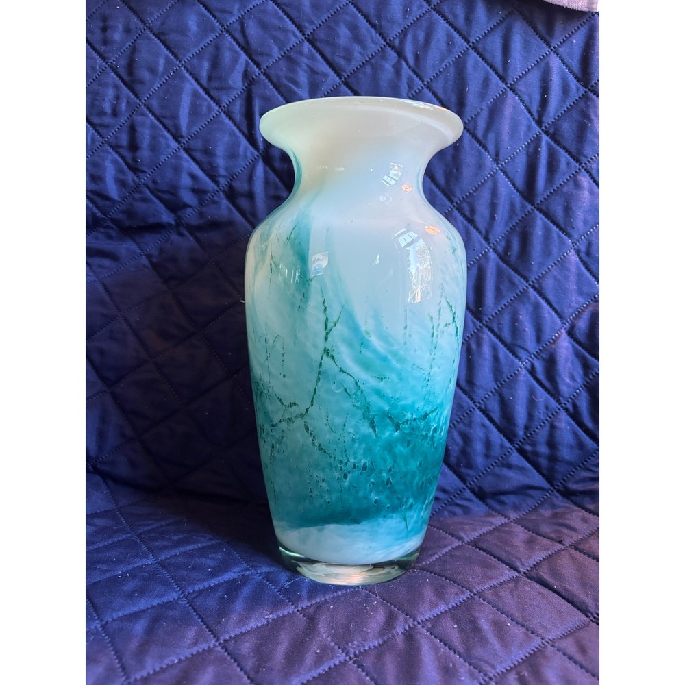 HAND BLOWN ART GLASS VASE Turquoise, Teal, Green & White Swirl Marbled